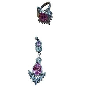 Sparkling Pear Cut Pink Gemstone Pendant Necklace and Matching Ring‎ Set Silver